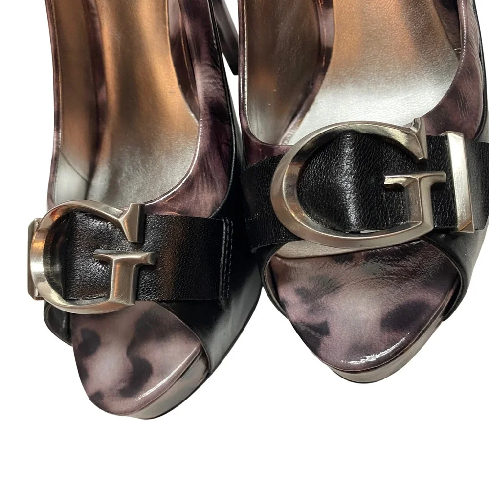 GUESS Women Black Purple Leopard Print Peep Toe Stiletto Pumps G Buckle 7.5M NIB